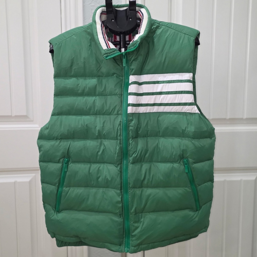 Thom Browne Green Quilted Down Vest with White Stripe Chest Detail Size 4